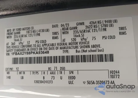 2023 Ford Transit Xlt из США, поврежденный, VIN 1FBAX2Y88PKA93648